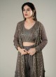 Dark Grey Embroidered Palazzo Crop-Top Set In Georgette With Shrug